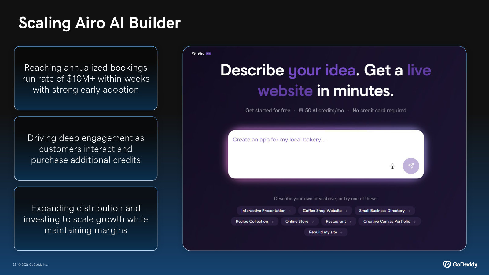 Airo AI Builder ('describe your idea, get a live website') reached a $10M+ annualized bookings run-rate within weeks.